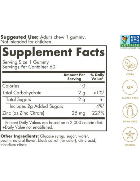 Gominolas de Zinc Solgar 25mg - Soporte Inmunológico 60 Porciones