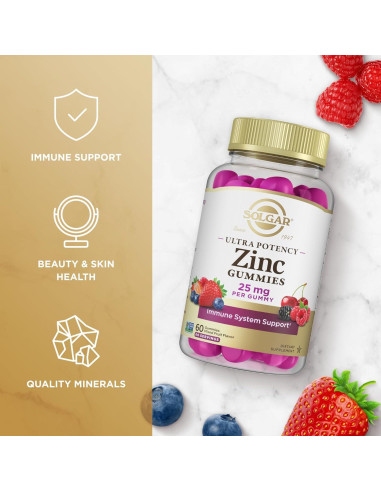 Gominolas de Zinc Solgar 25mg - Soporte Inmunológico 60 Porciones