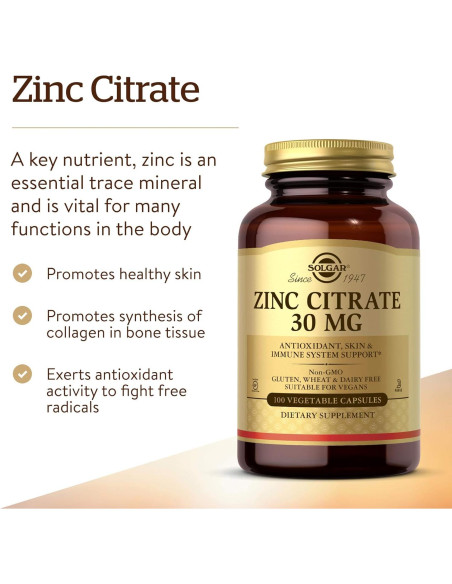 Cápsulas Vegetales de Citrato de Zinc Solgar 100 Unidades