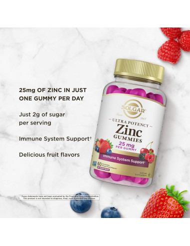 Gominolas de Zinc Solgar 25mg - Soporte Inmunológico 60 Porciones