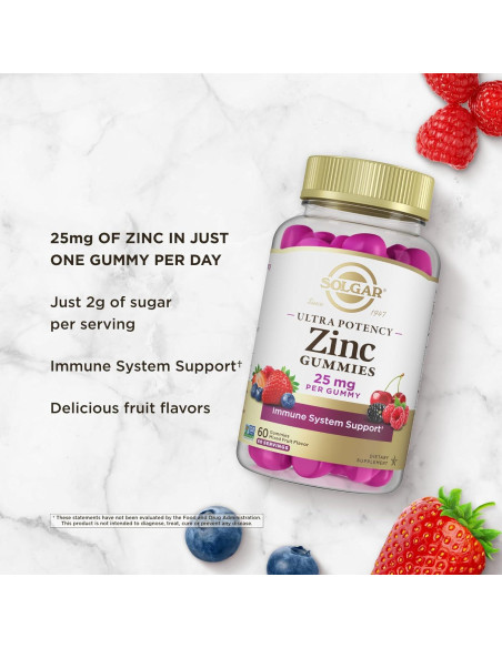Gominolas de Zinc Solgar 25mg - Soporte Inmunológico 60 Porciones