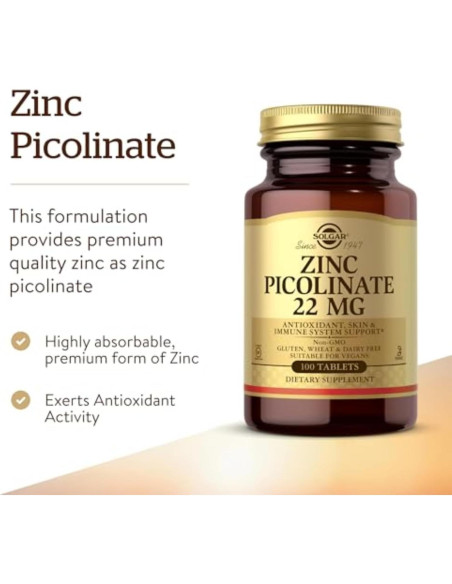 Solgar Zinc Picolinate 22 mg - 100 Tabletas Veganas Antioxidante