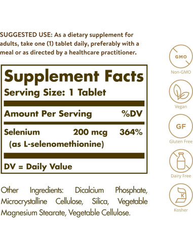 Selenio Sin Levadura Solgar 200 mcg 250 Tabletas Veganas