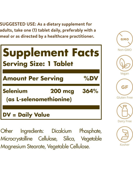 Selenio Sin Levadura Solgar 200 mcg 250 Tabletas Veganas