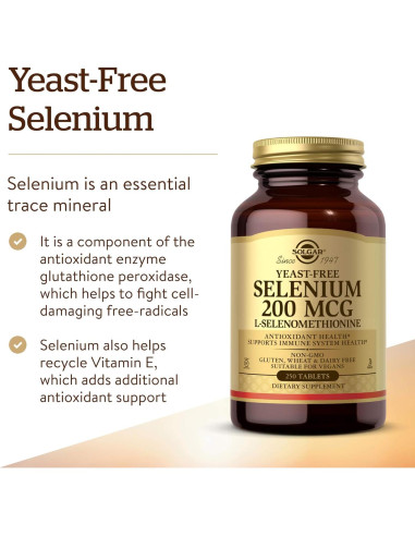 Selenio Sin Levadura Solgar 200 mcg 250 Tabletas Veganas
