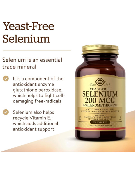 Selenio Sin Levadura Solgar 200 mcg 250 Tabletas Veganas