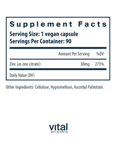 Citrato de Zinc 30mg Vital Nutrients - Suplemento Vegano 90 Cápsulas 2