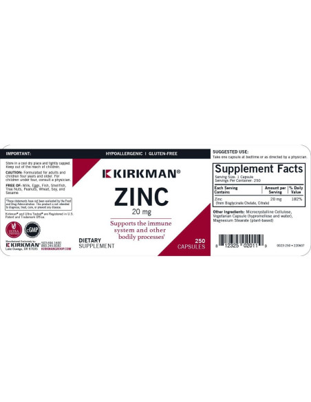 Kirkman Zinc 20mg 250 Cápsulas Hipoalergénicas Alta Absorción