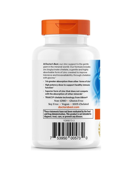 Zinc Bisglicinato 50mg Doctor's Best 90 Cápsulas Alta Absorción