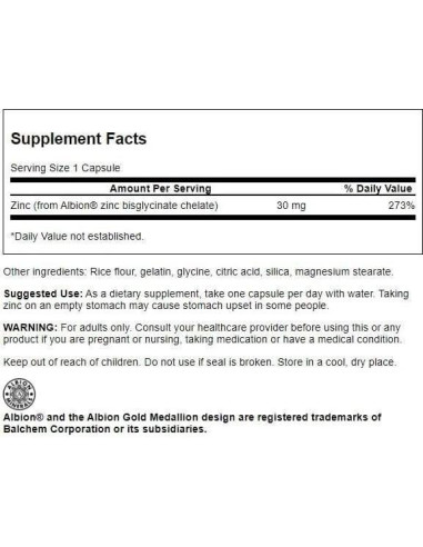 Zinc Quelado de Glicinato Swanson 30 mg 90 Cápsulas