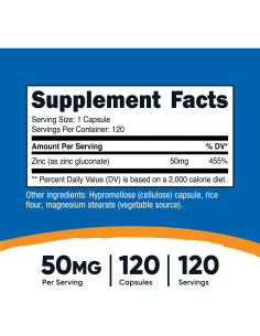 Gluconato de Zinc Nutricost 120 Cápsulas Vegetarianas 50mg 2