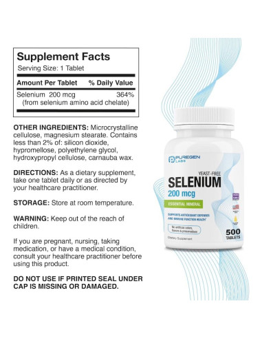 Selenio 200 mcg Puregen Labs - 500 Tabletas Vegetarianas
