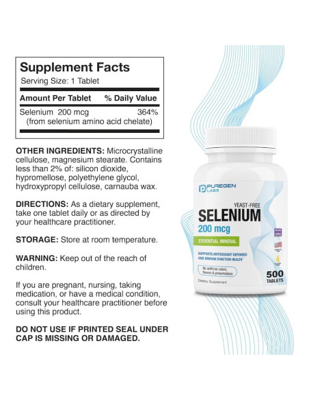 Selenio 200 mcg Puregen Labs - 500 Tabletas Vegetarianas