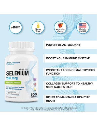 Selenio 200 mcg Puregen Labs - 500 Tabletas Vegetarianas