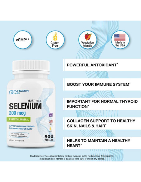 Selenio 200 mcg Puregen Labs - 500 Tabletas Vegetarianas