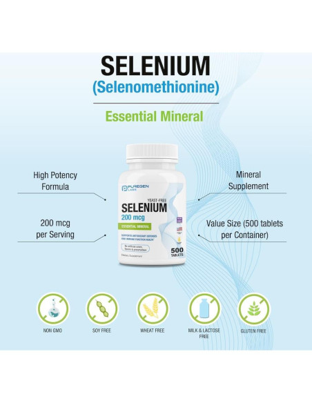 Selenio 200 mcg Puregen Labs - 500 Tabletas Vegetarianas
