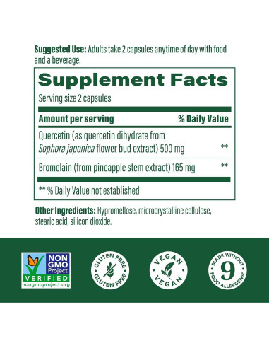 Suplemento Inmunológico MegaFood Quercetina 500mg con Bromelina - 60 Cápsulas Veganas