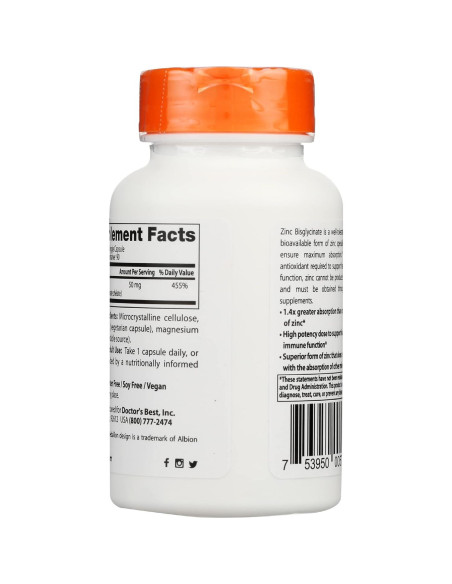 Zinc Bisglicinato Doctor's Best 50 mg 90 Cápsulas Veganas Zinc Bisglicinato Doctor's Best 50 mg 90 Cápsulas Veganas