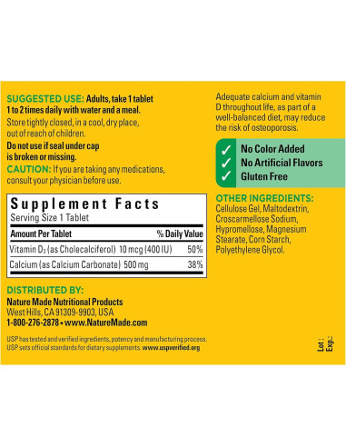 Nature Made Calcio 500 mg con Vitamina D3 - 130 Tabletas
