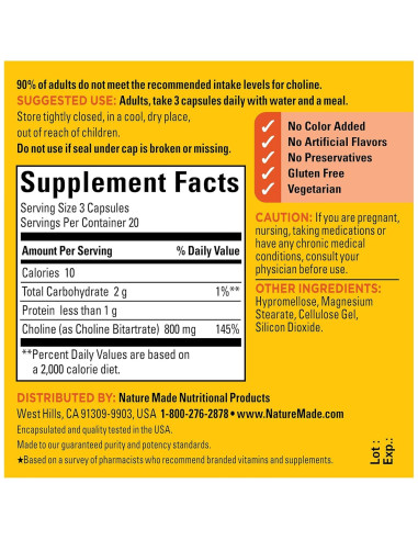Nature Made Suplemento de Colina 800 mg Extra Fuerte 60 Cápsulas