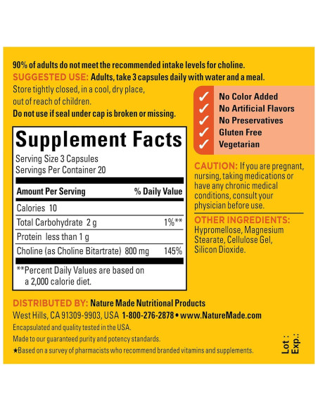 Nature Made Suplemento de Colina 800 mg Extra Fuerte 60 Cápsulas