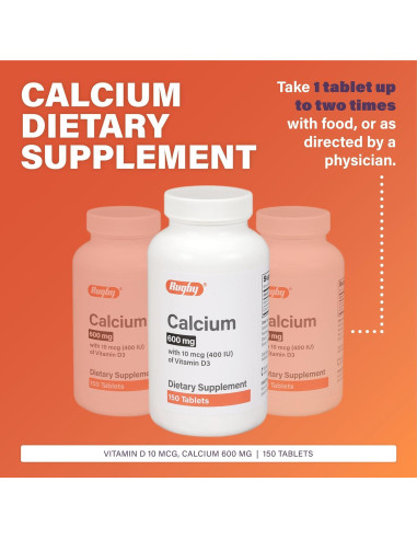 Tabletas de Calcio Rugby 600 mg con Vitamina D3 10 mcg - 150 Unidades