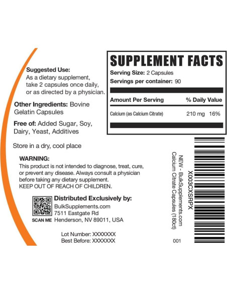 Cápsulas de Citrato de Calcio BulkSupplements 1000mg - 180 Unidades