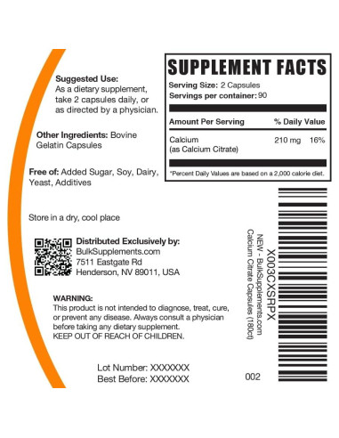 Cápsulas de Citrato de Calcio BulkSupplements 1000mg - 180 Unidades