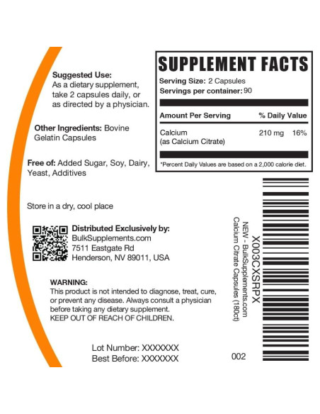 Cápsulas de Citrato de Calcio BulkSupplements 1000mg - 180 Unidades