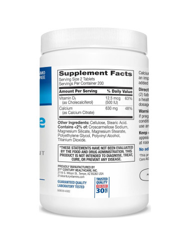 Tabletas de Citrato de Calcio Plus D3 21st Century 400 Unidades