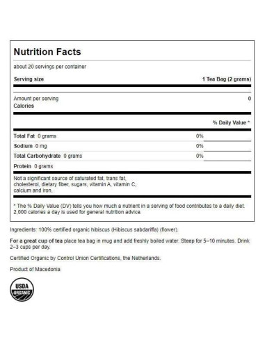 Té de Flor de Hibisco Orgánico Swanson 20 Bolsas 68g