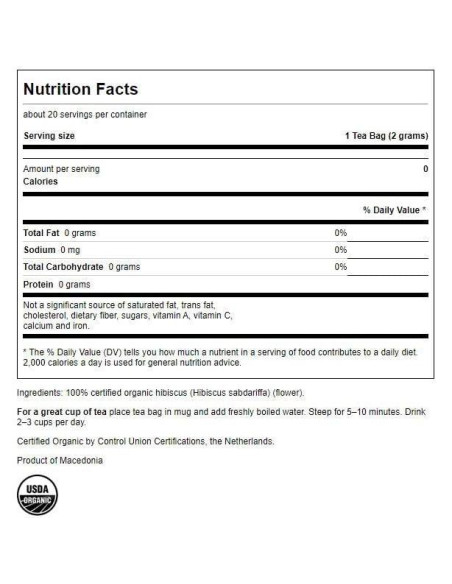 Té de Flor de Hibisco Orgánico Swanson 20 Bolsas 68g