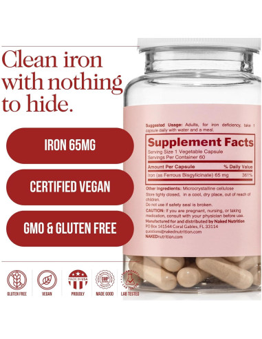 Suplemento de Hierro Naked Nutrition 65mg Bisglicinato 60 Cápsulas