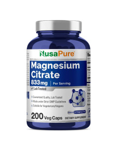 Suplemento de Citrato de Magnesio NusaPure 833mg - 200 Cápsulas Veganas