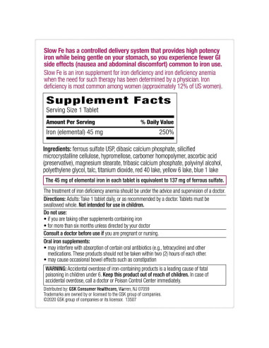Suplemento de Hierro Slow Fe 45mg - 60 Tabletas Fáciles de Tragar