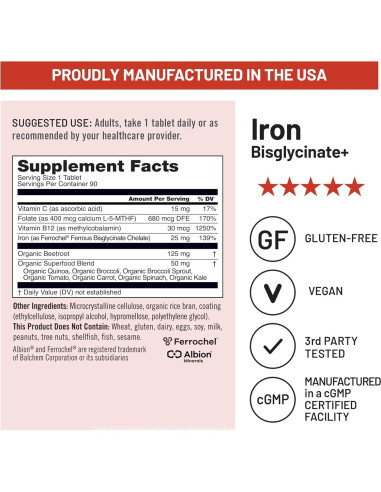 Suplemento de Hierro Bisglicinato NatureWise 90 Tabletas Veganas