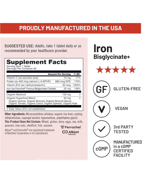 Suplemento de Hierro Bisglicinato NatureWise 90 Tabletas Veganas