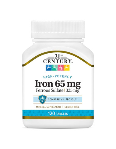 Tabletas de sulfato ferroso 65 mg 21st Century 120 unidades