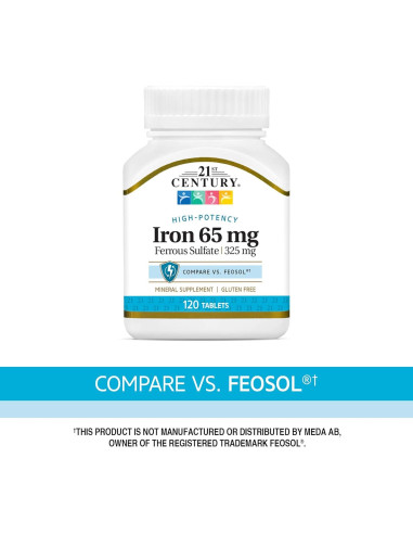 Tabletas de sulfato ferroso 65 mg 21st Century 120 unidades
