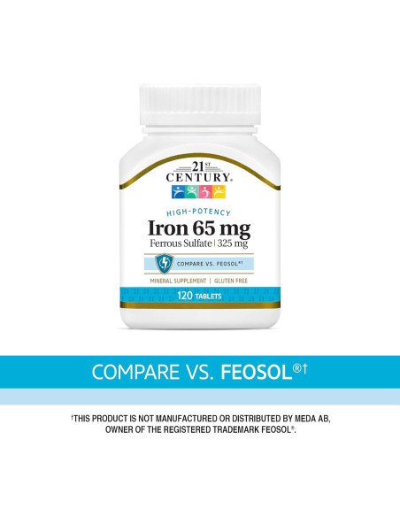 Tabletas de sulfato ferroso 65 mg 21st Century 120 unidades