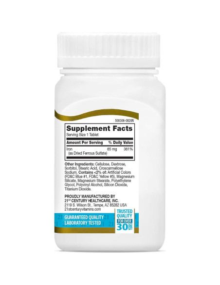Tabletas de sulfato ferroso 65 mg 21st Century 120 unidades