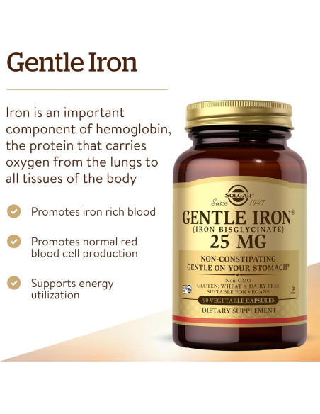 Suplemento de Hierro Suave Solgar 25mg - 90 Cápsulas Veganas
