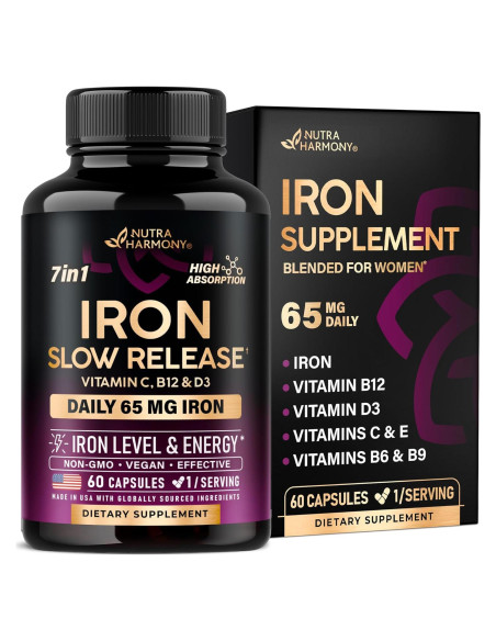 Suplemento de Hierro Nutra Harmony 65mg - Liberación Lenta 60 Cápsulas