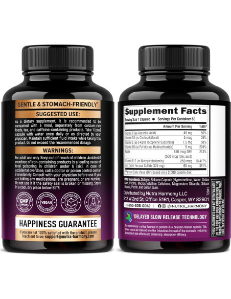 Suplemento de Hierro Nutra Harmony 65mg - Liberación Lenta 60 Cápsulas