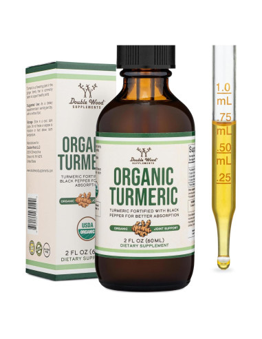 Gotas de Cúrcuma Orgánica Double Wood 60ml - Suplemento con Pimienta Negra