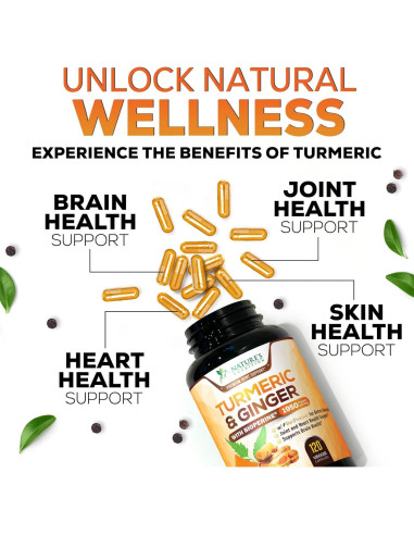 Suplemento de Cúrcuma Curcumina 1950mg con Jengibre y BioPerine - 120 Cápsulas