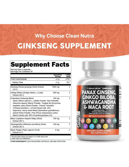 Suplemento Clean Nutraceuticals Ginseng y Ginkgo Biloba 60 Cápsulas Suplemento Clean Nutraceuticals Ginseng y Ginkgo Biloba 60 Cápsulas