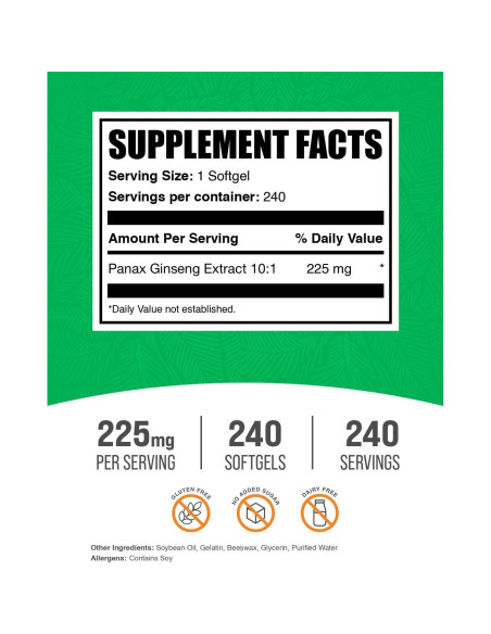 Softgels de Ginseng Panax BulkSupplements 225mg 240 Unidades