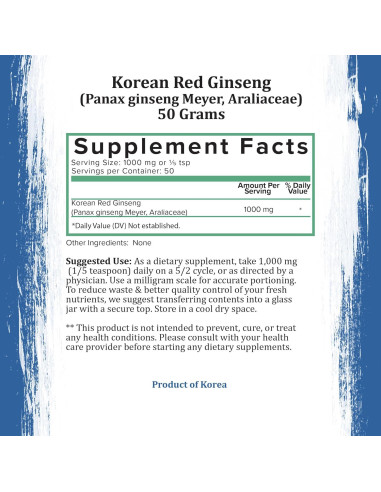 Polvo de Ginseng Rojo Coreano Holistic Bin 50g Vegano Sin Gluten
