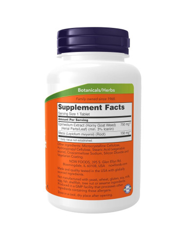 Suplemento NOW Foods Extracto de Hierba de Cabra Horny 750 mg + Maca 150 mg